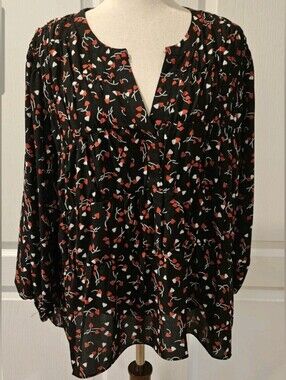 Zac & Rachel Heart Print Tiered Blouse Black Red Women's XL